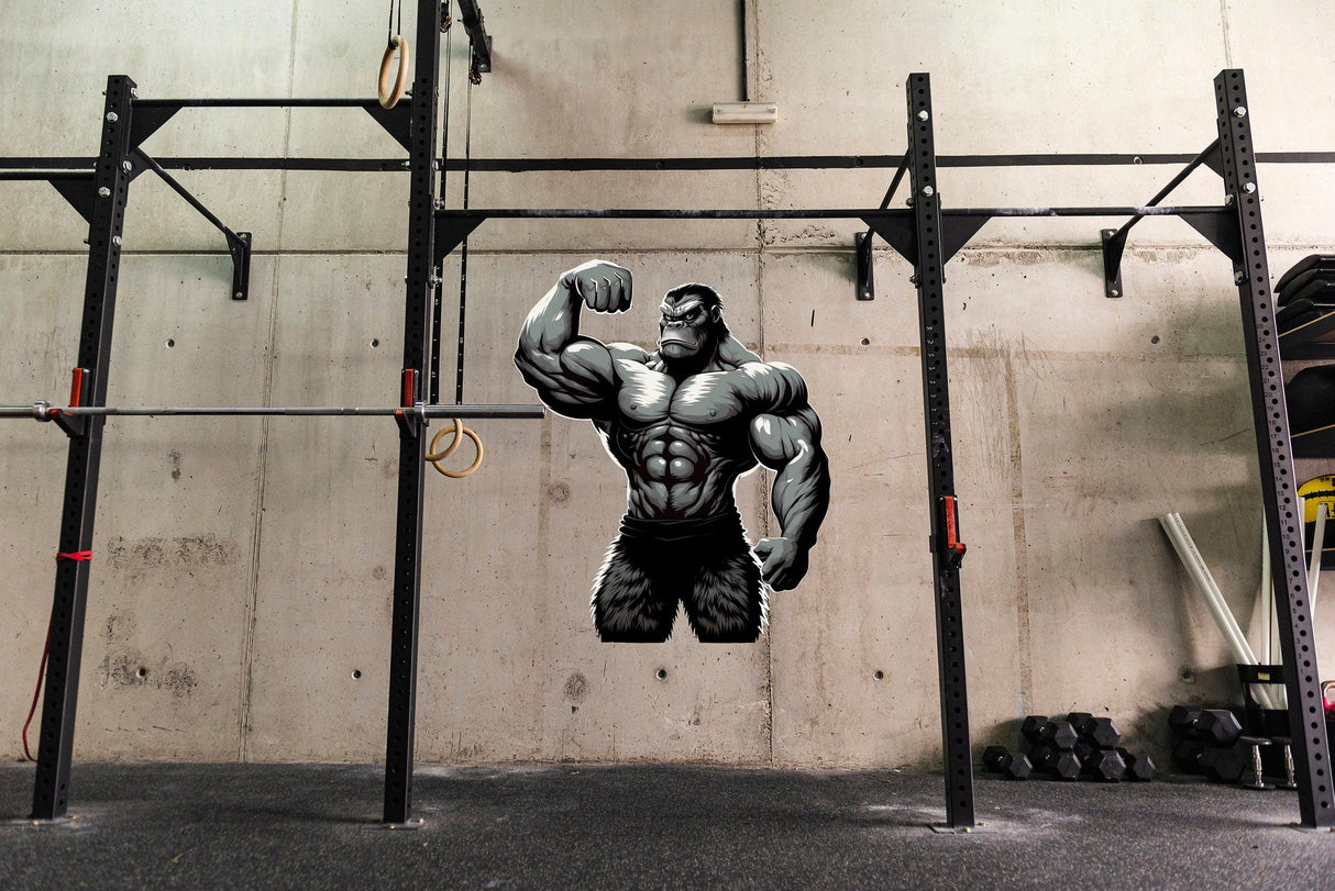 Muscled gorilla wall decal in a home gym, inspiring fitness enthusiasts with its powerful design.