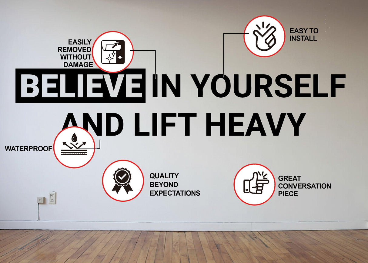 Motivational gym wall decal featuring the quote 'Believe in Yourself and Lift Heavy' with installation features.