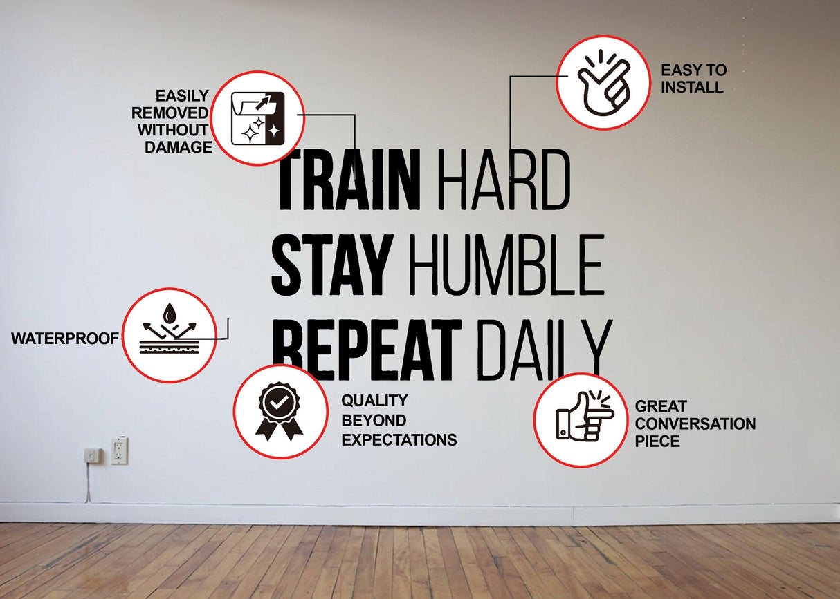 Motivational gym wall decal with inspiring fitness quote and installation features displayed on a modern wall.