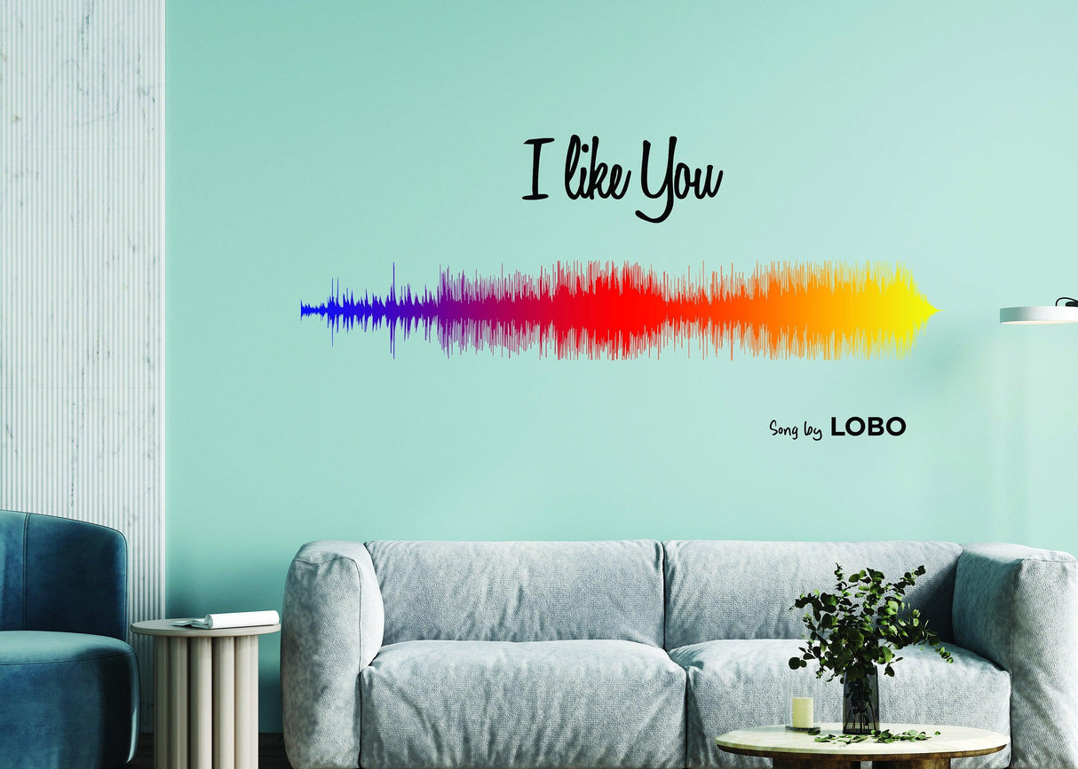 Colorful soundwave wall art showing 'I like You' by Lobo, perfect for personalized home decor.