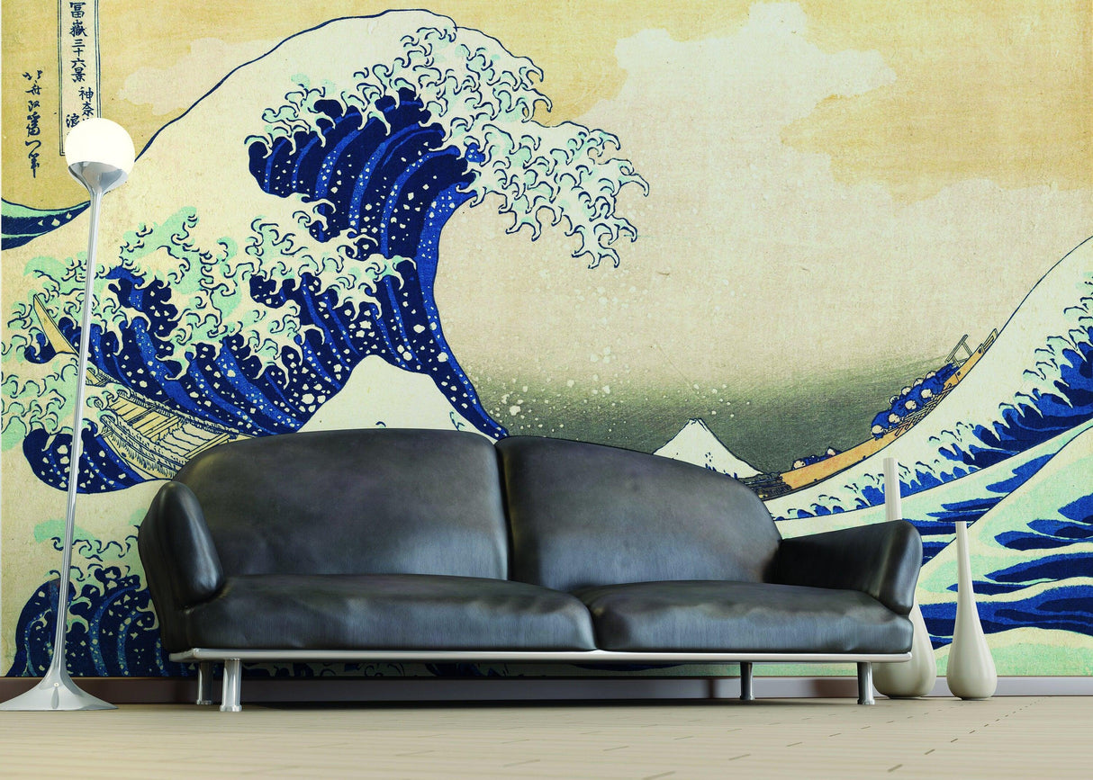Kanagawa Wave wallpaper decal featuring blue waves and mountains in a stylish living room setting with modern decor.