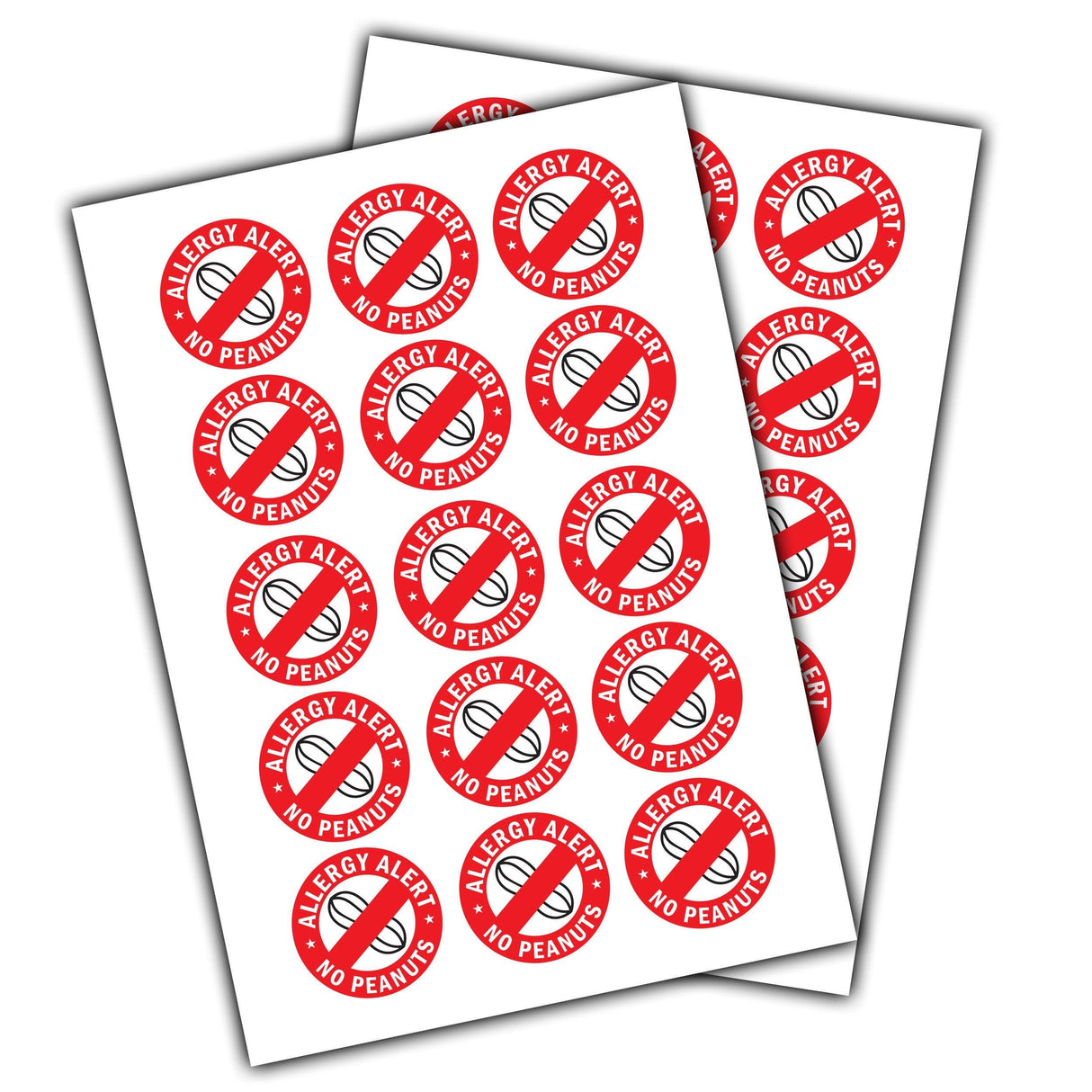 24 No Peanuts Allergy Alert Stickers designed for food allergies awareness and safety, vibrant red and white decals.