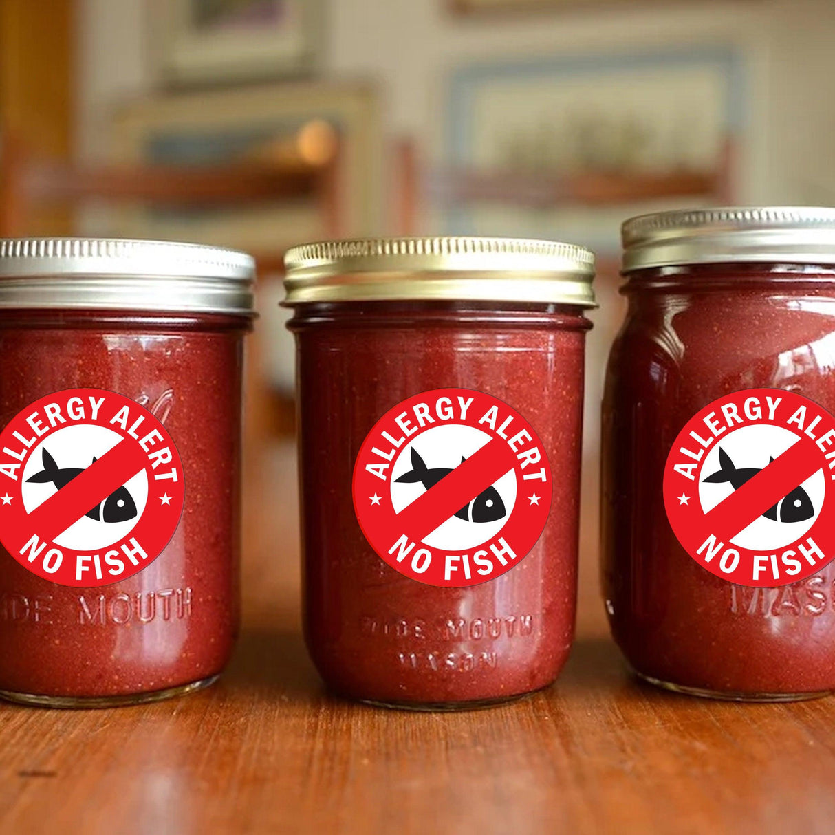 Three jars with No Fish Allergy Alert Stickers for food allergy awareness and safety.