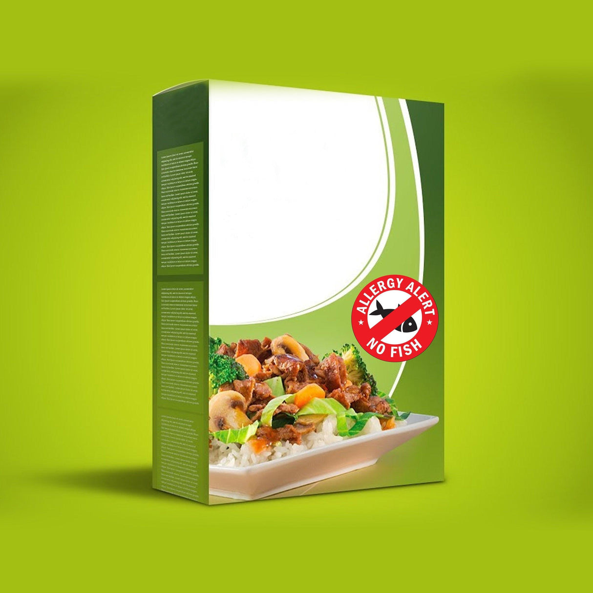 No Fish Allergy Alert Sticker on a food box, promoting safety for those with fish allergies.