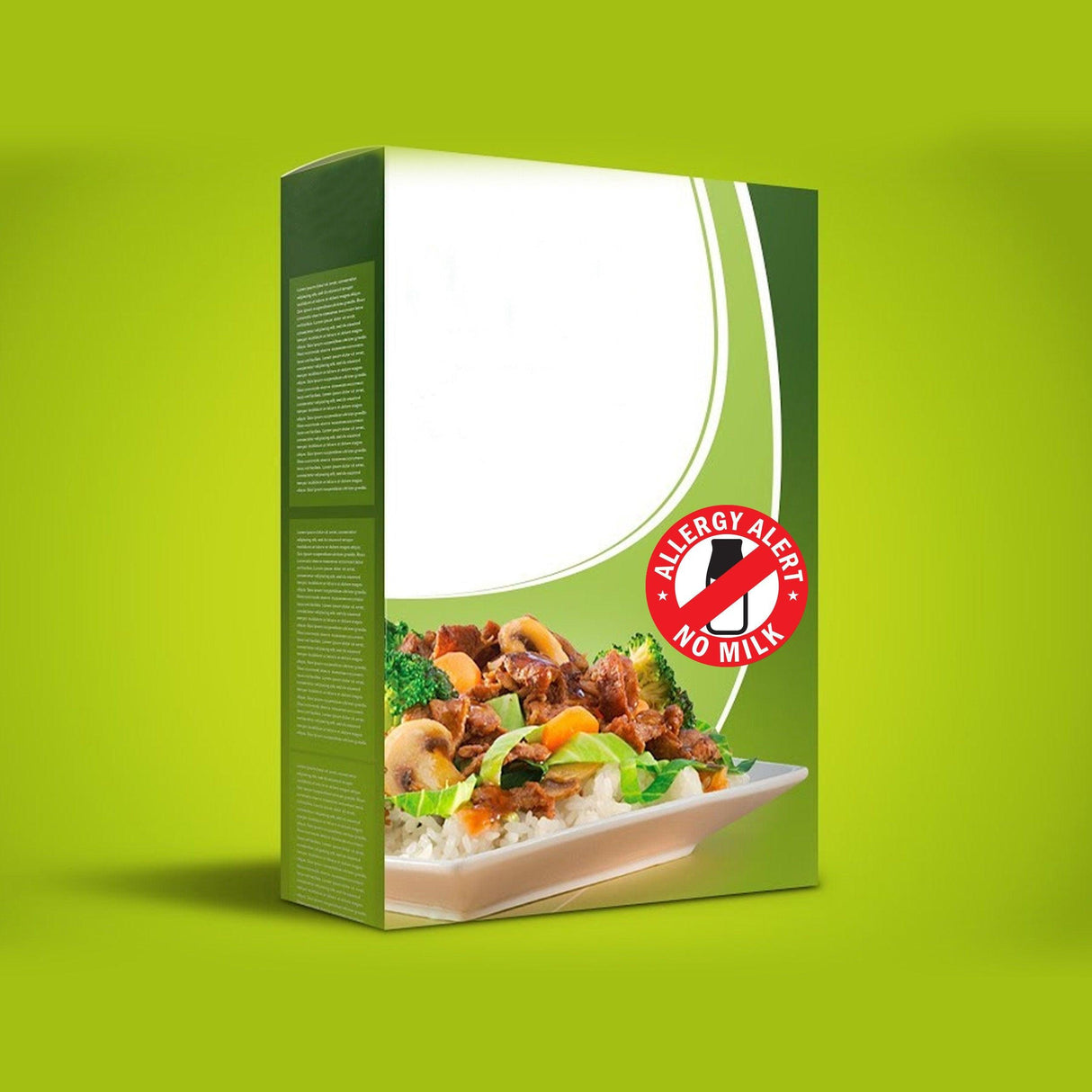 Allergy Alert No Milk sticker on food packaging for raising awareness about milk allergies.