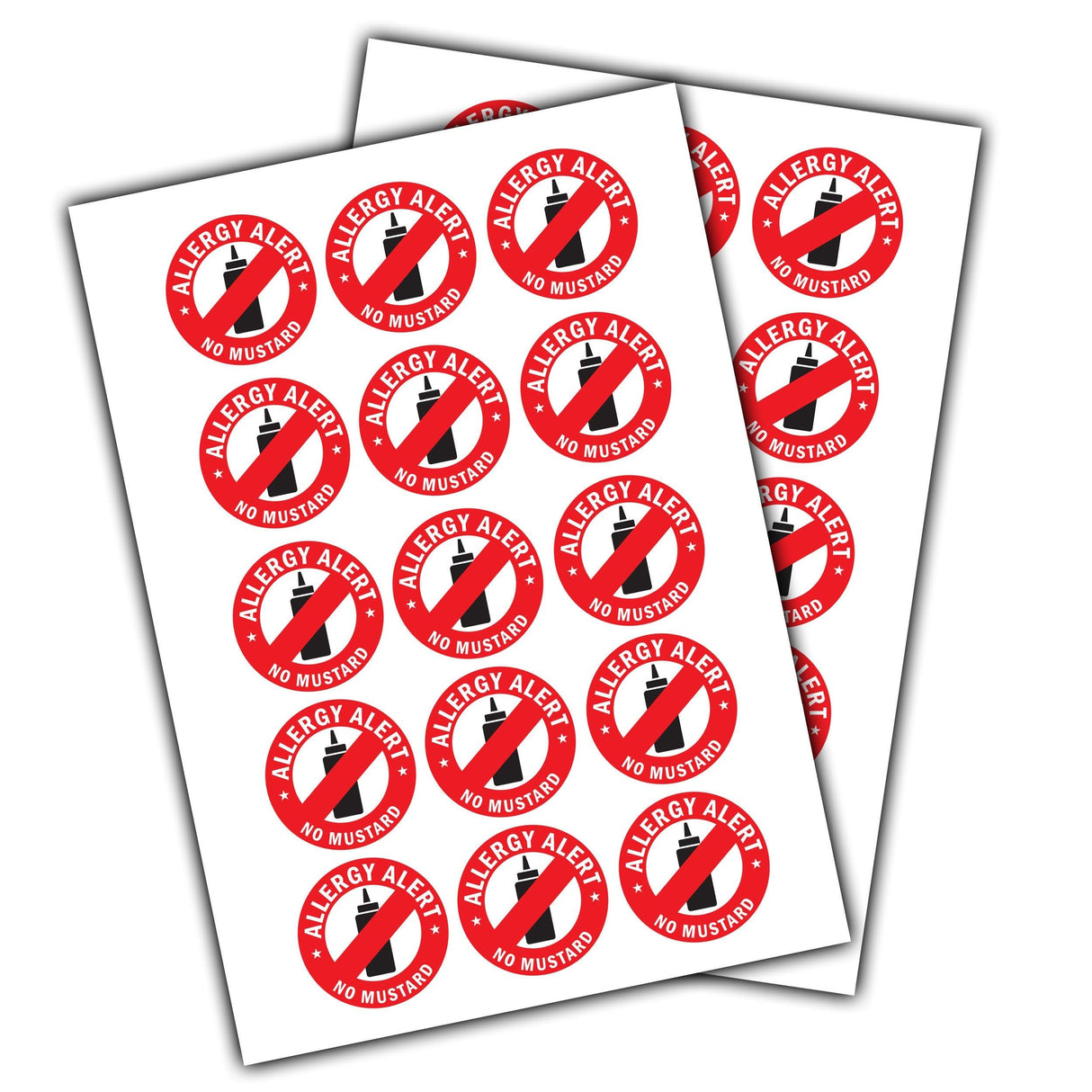 24 No Mustard Allergy Alert Stickers, red and white decals for food allergy awareness, safety reminders for belongings.