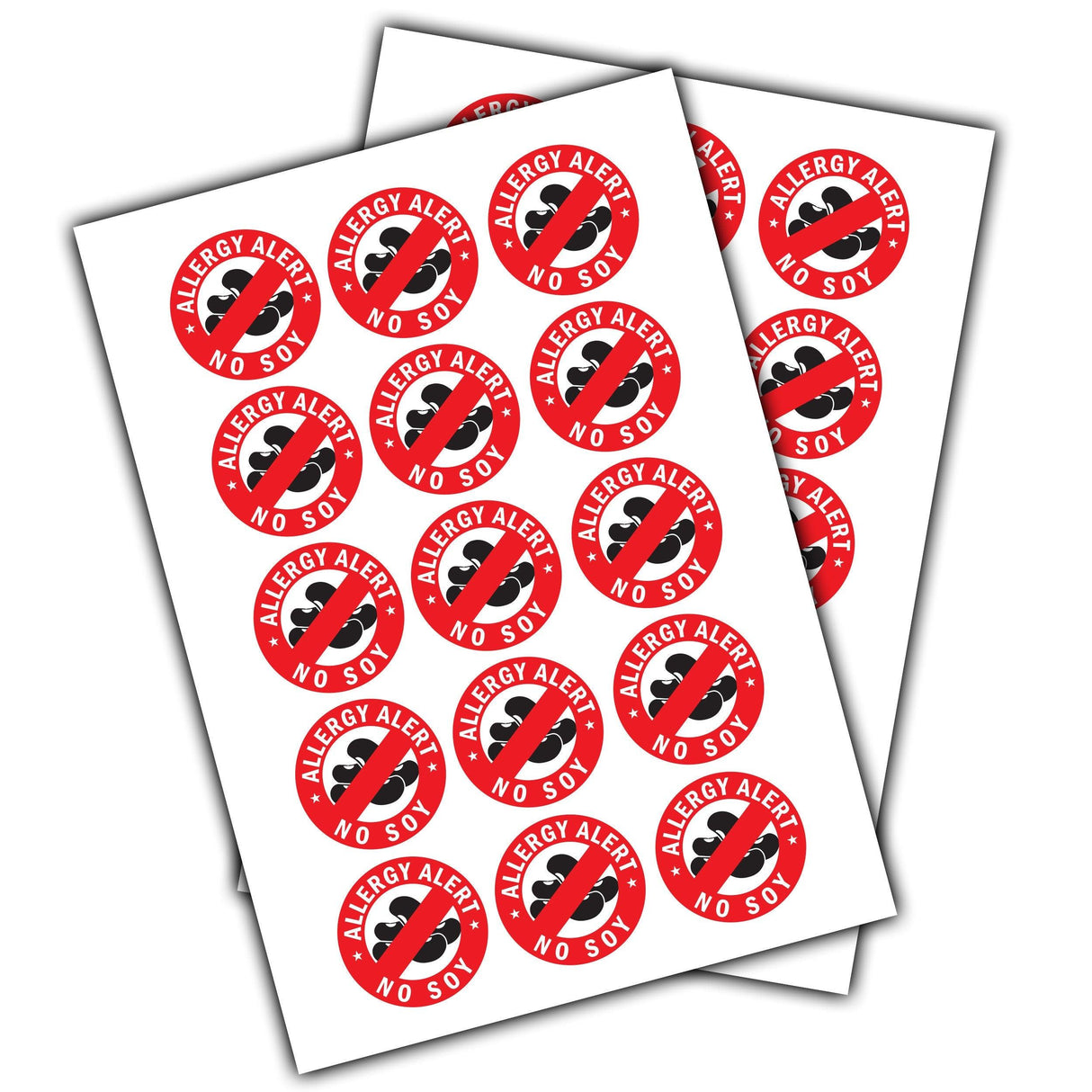 Allergy Alert No Soy Stickers on sheets, featuring round red stickers with safety symbols for soy allergies.
