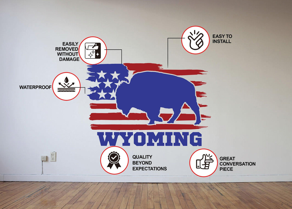 Wyoming state wall decal featuring a buffalo and American flag, showcasing easy installation and waterproof features.