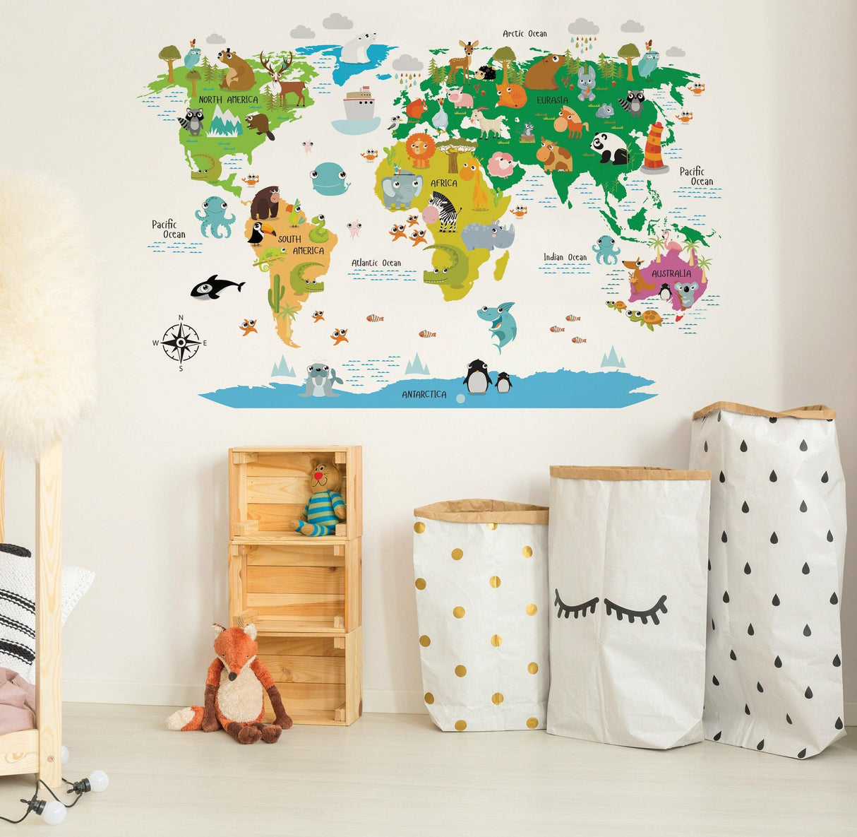 World map nursery wall sticker decal with vibrant colors and cute animal illustrations, perfect for children's room decor.