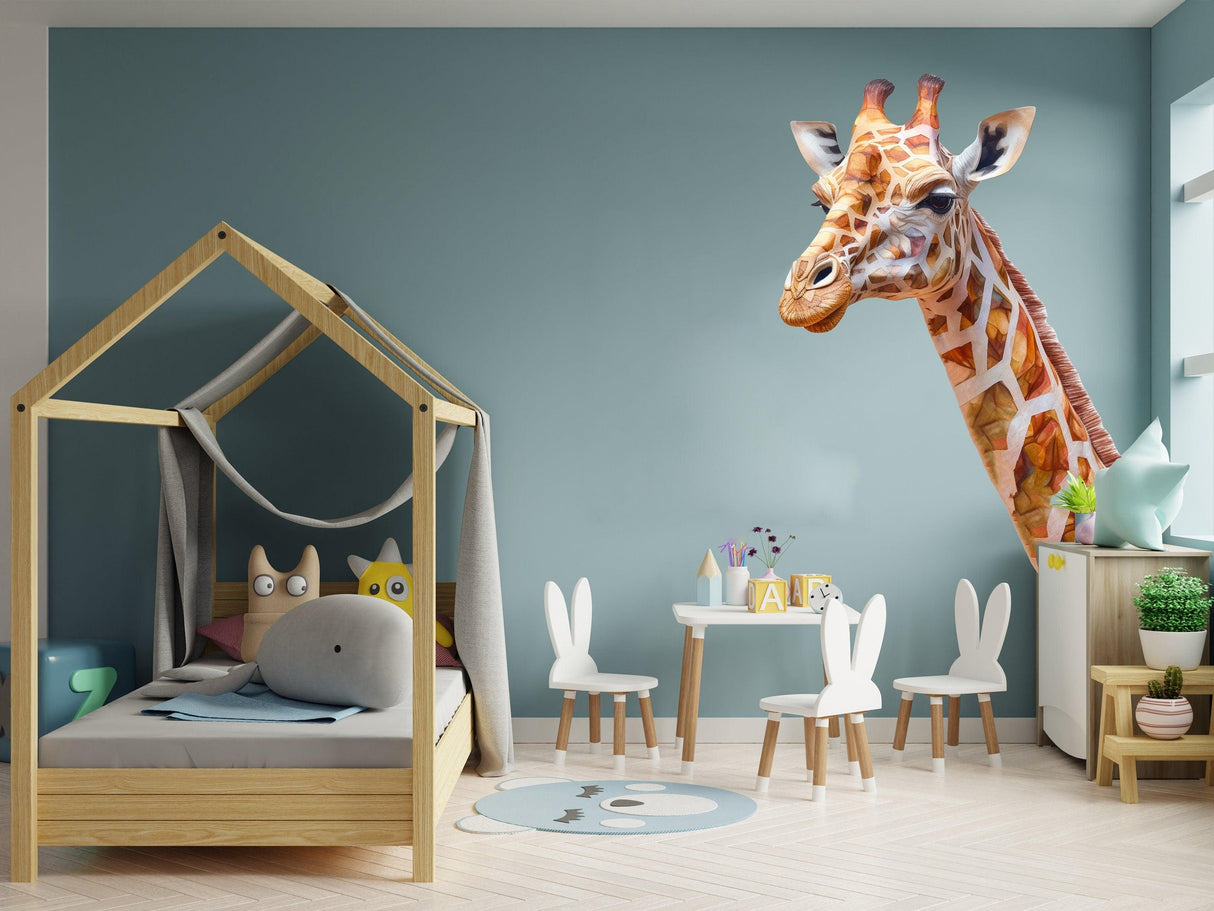 Giraffe wall decal in a colorful nursery with playful decor and furniture, adding whimsy to the child's room.