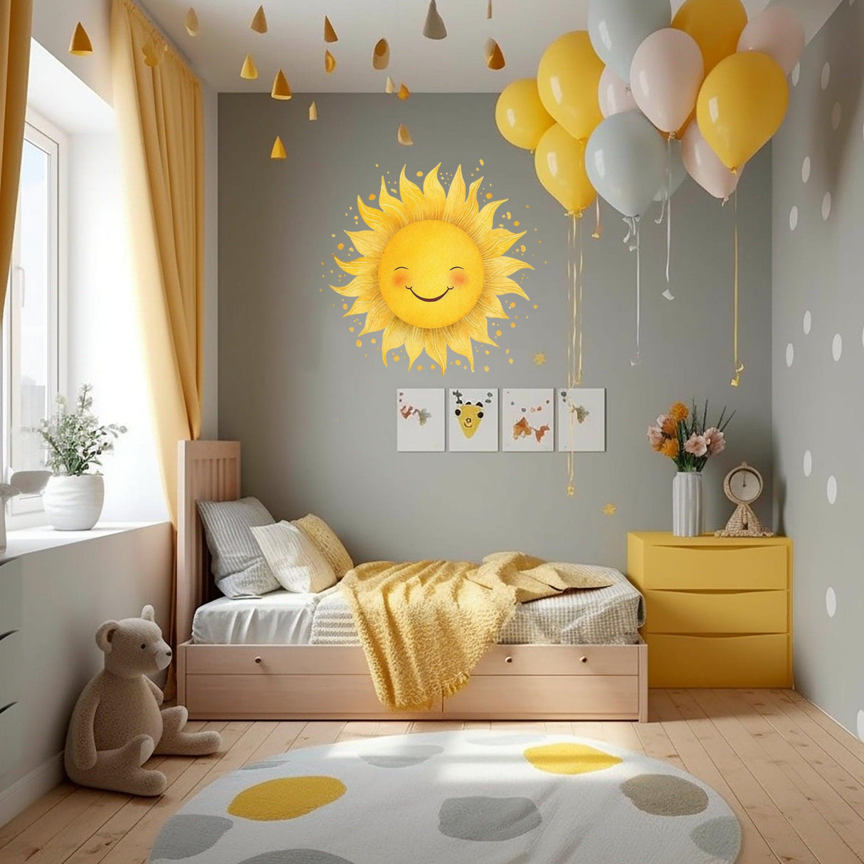 Whimsical sunburst wall sticker in a cheerful kid's room with balloons and playful decor.