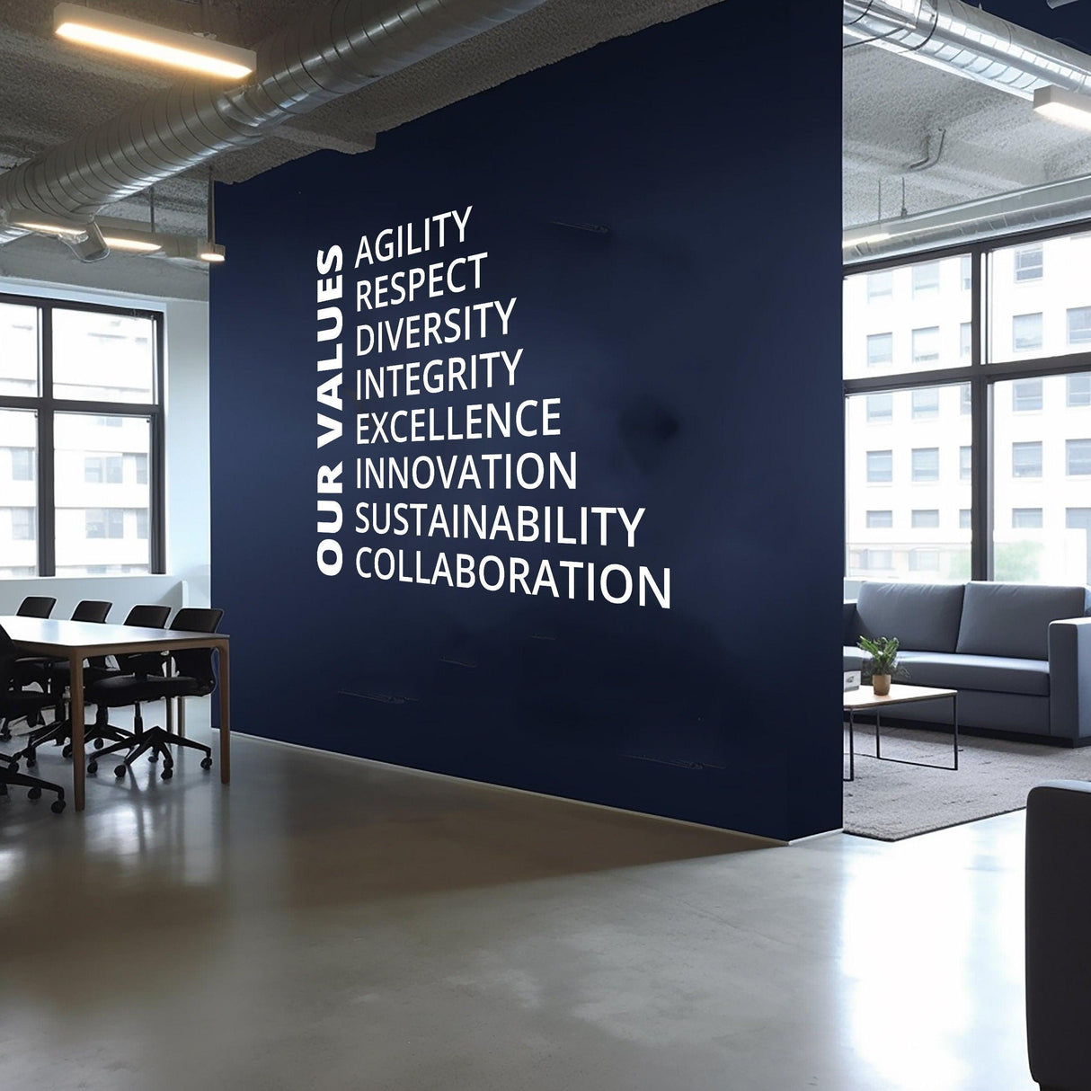 Inspirational office wall with values like Agility, Respect, and Sustainability in modern conference room.