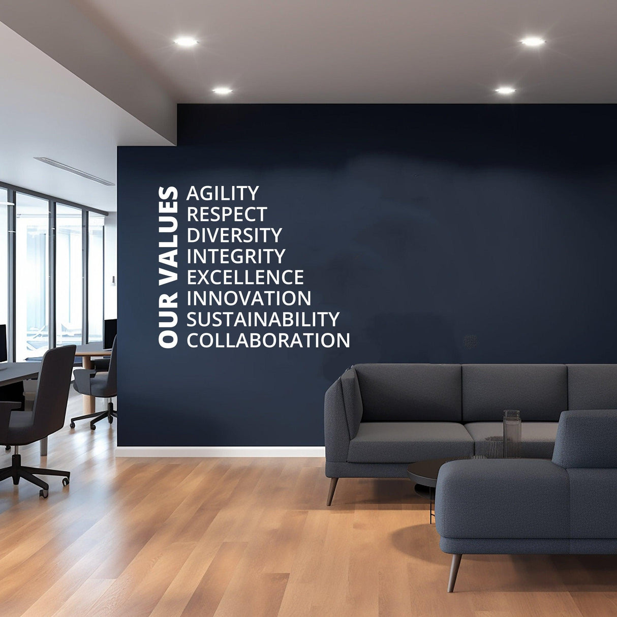Inspirational office wall decal showcasing values: Agility, Respect, Diversity, Integrity, Excellence, Innovation, Sustainability, Collaboration.
