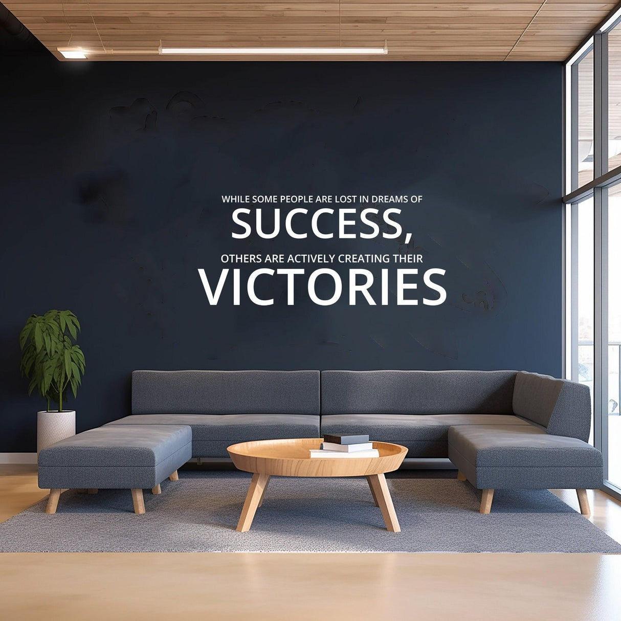 Inspirational wall art decal in a modern home office featuring motivational quotes about success and victories.