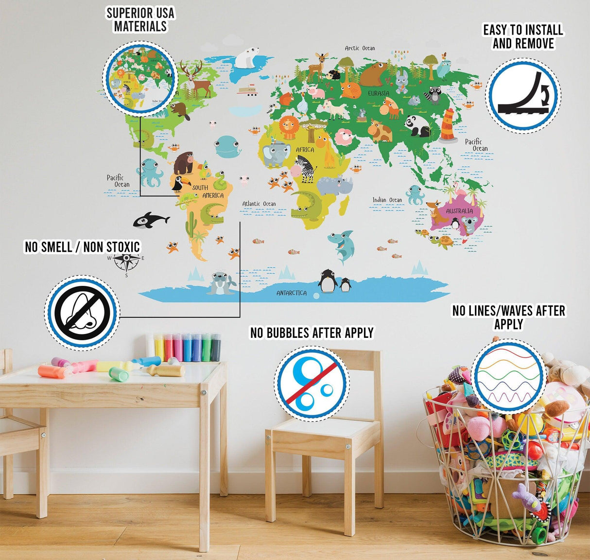 Colorful World Map Decal for nursery, showcasing animals and continents, easy to install and remove, safe materials.