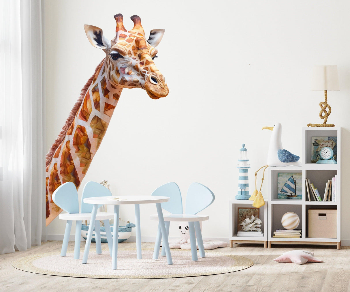 Giraffe wall decal in a stylish nursery with playful decor and furniture, perfect for kids' rooms.