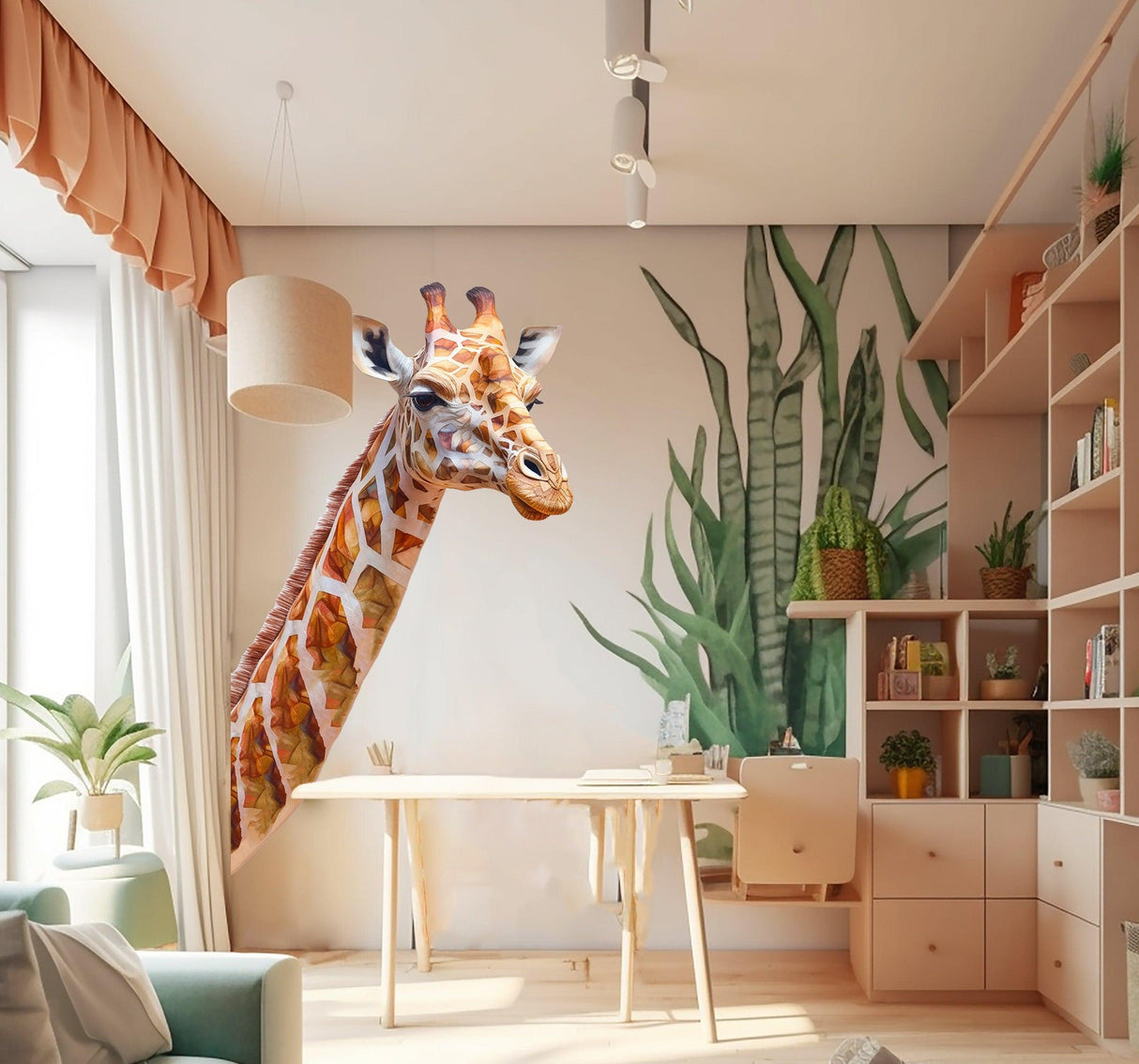 Giraffe wall decal in a modern playroom, adding a whimsical safari touch to the decor.