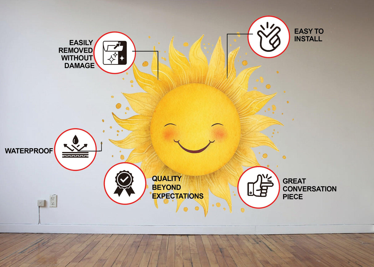 Bright sunburst wall sticker illustration with benefits like easy installation and waterproof features for kids' rooms.
