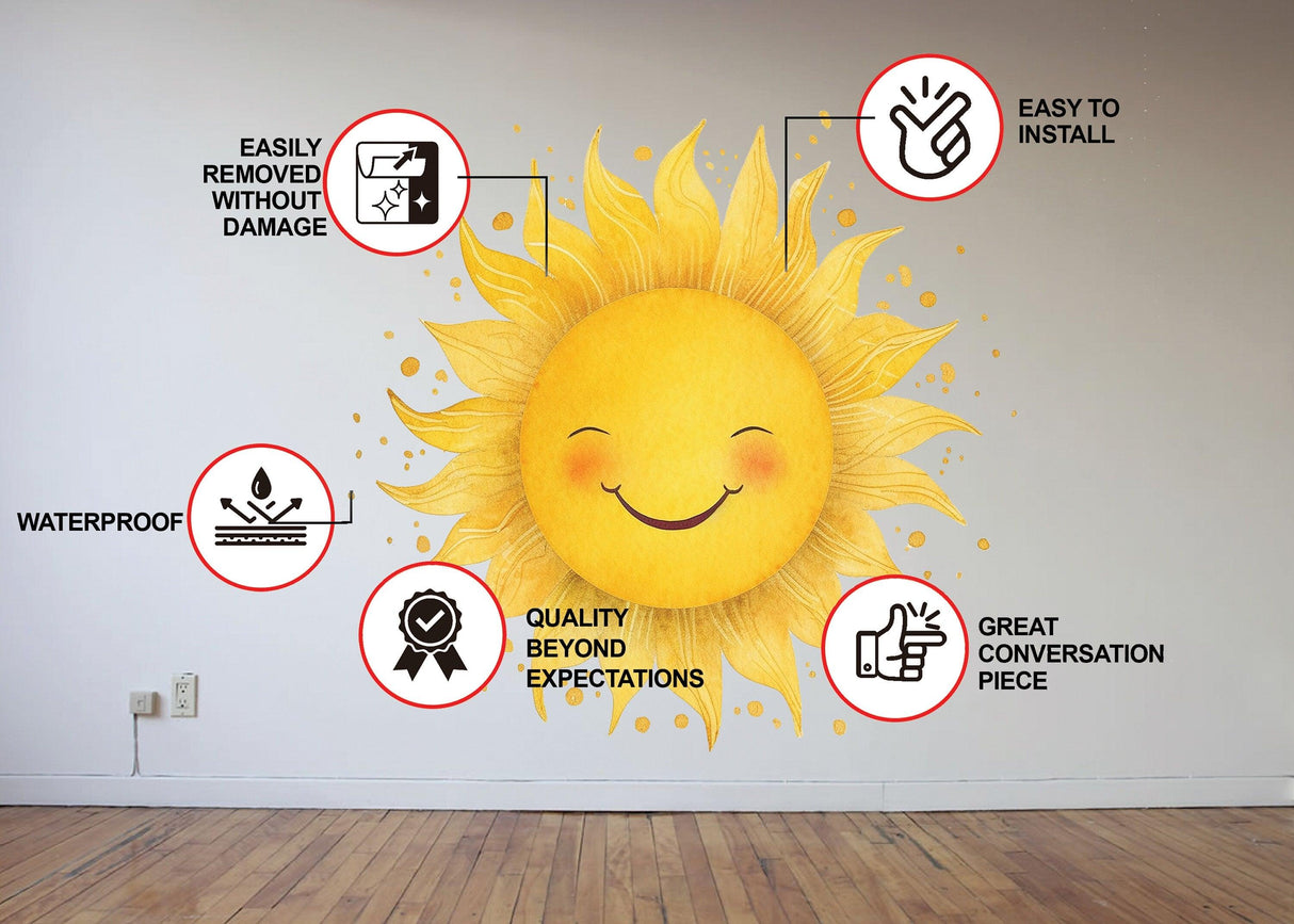 Watercolor happy sun wall sticker with unique design and features for nursery decor, easy to install, waterproof.