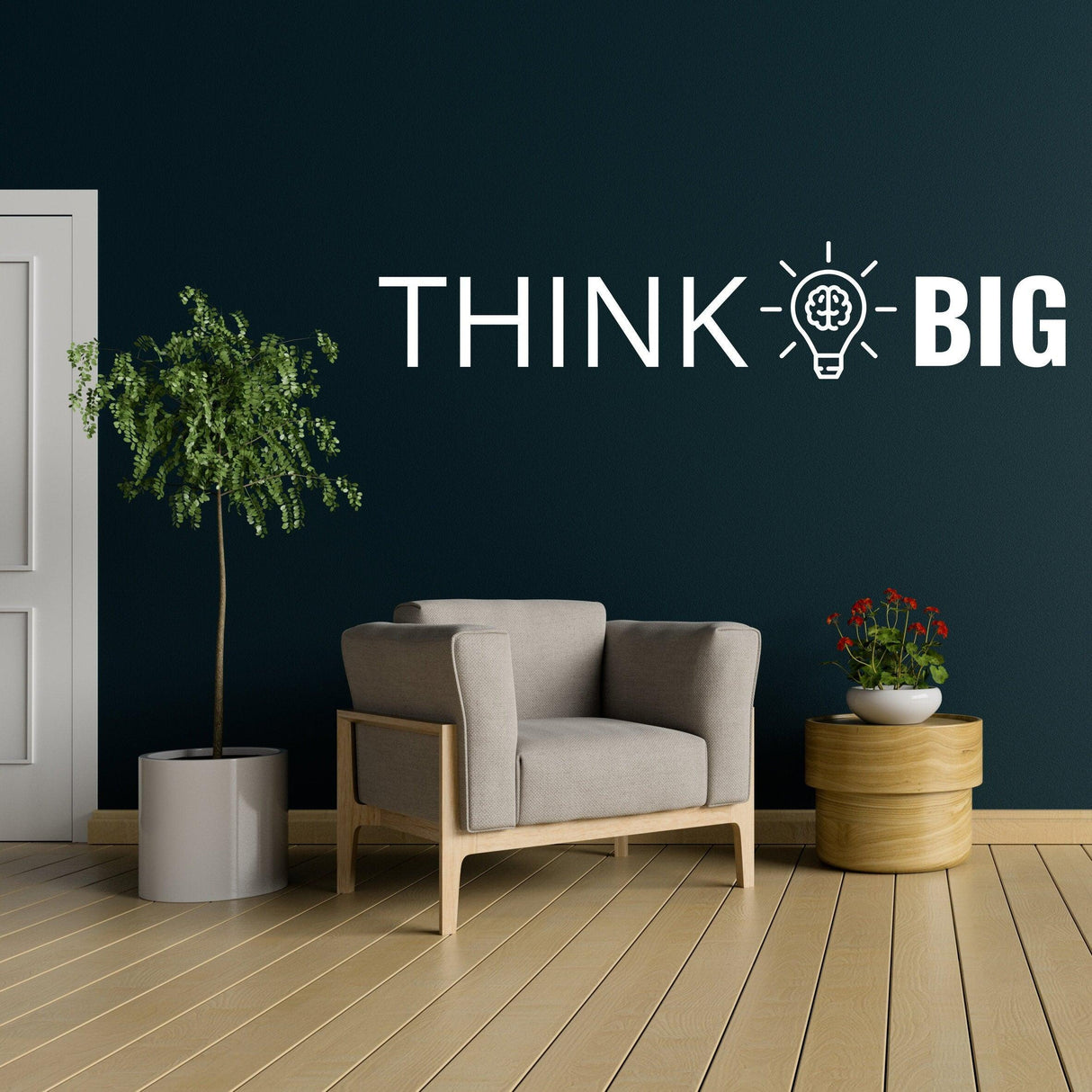 Motivational 'Think Big' wall decal in an office setting with a chair and plants, inspiring workplace decor.