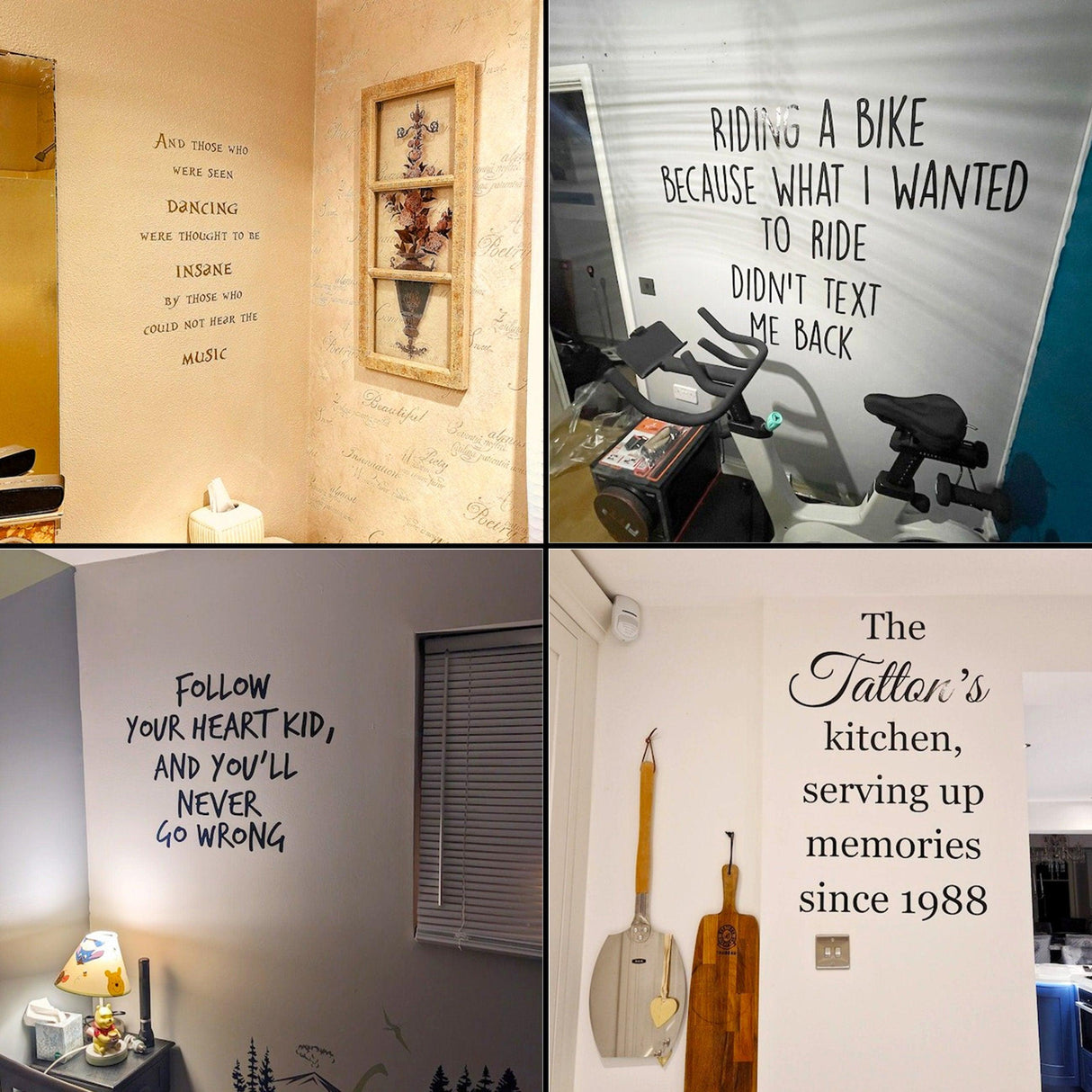 Collage of personalized scripture wall stickers featuring various inspiring quotes in different home settings.