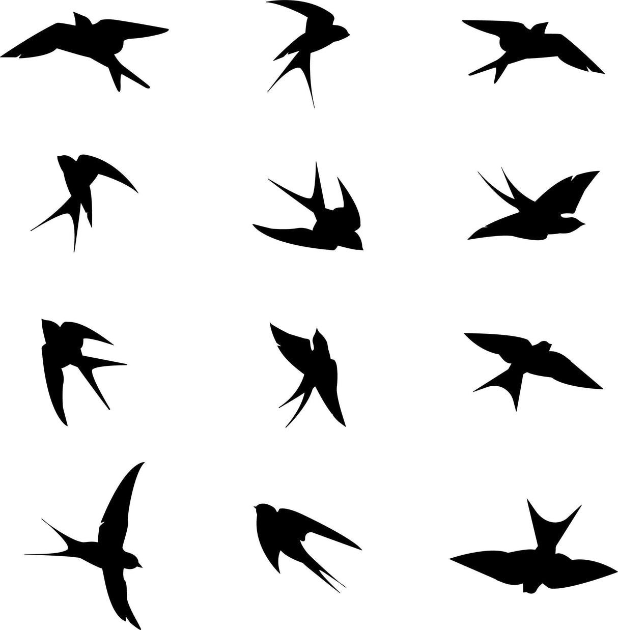 Black silhouettes of birds designed for anti-collision window decals, ideal for protecting wildlife.