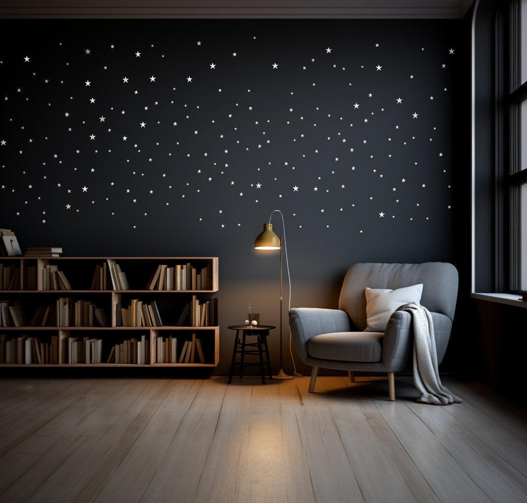 Elegant white stars vinyl stickers on dark wall, enhancing cozy living space decor with chic design.