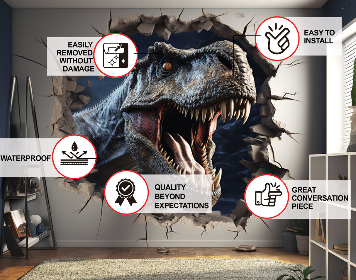 3D Dinosaurs wall sticker showing a T-Rex breaking through, features easy installation and waterproof design.