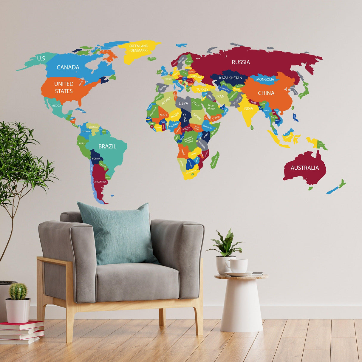 Colorful world map wall decal with country names, perfect for travel-themed home decor.