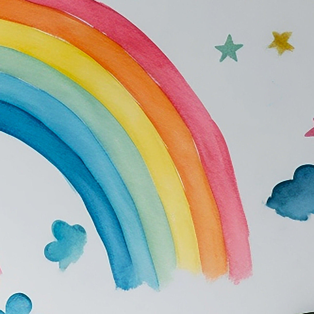 Whimsical watercolor rainbow with clouds and stars, perfect for kids' room decor.