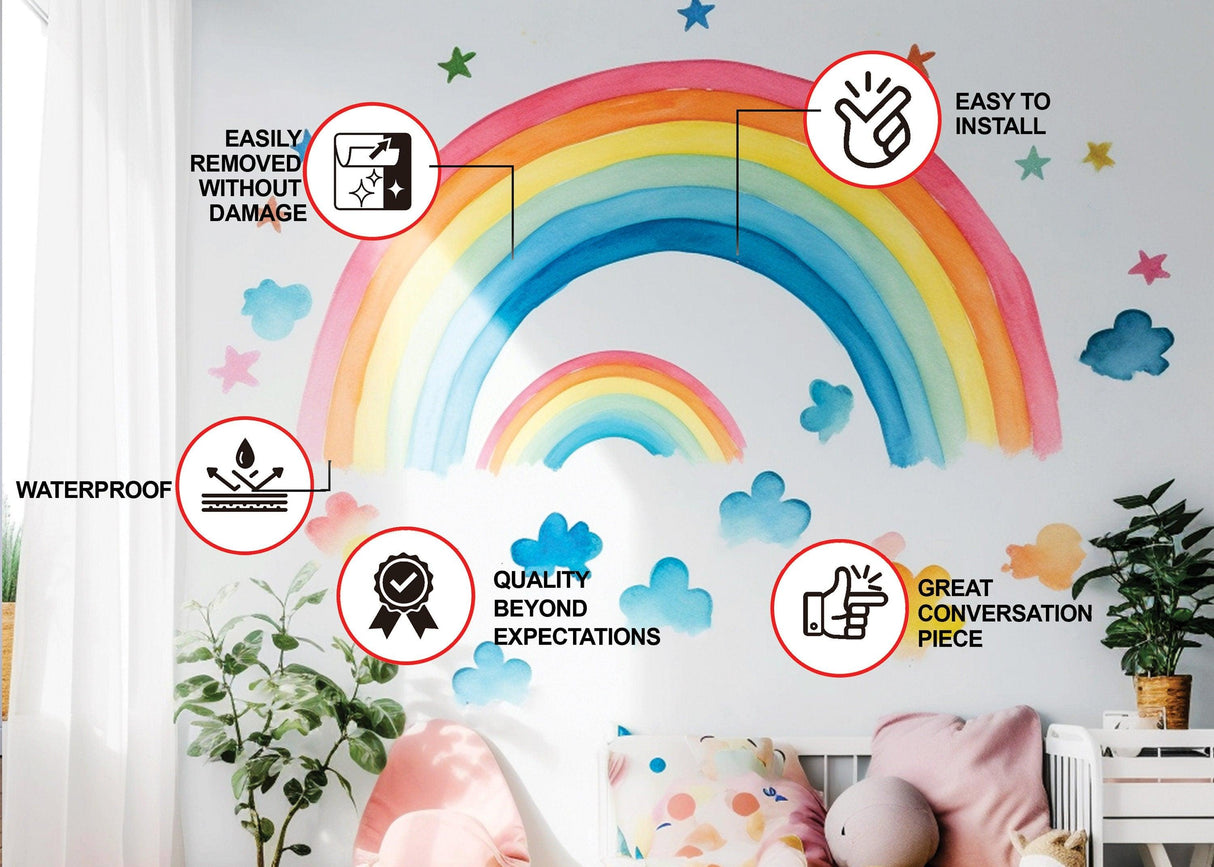 Colorful rainbow wall decals with clouds and stars, highlighting easy installation, waterproof features, and decorative charm.