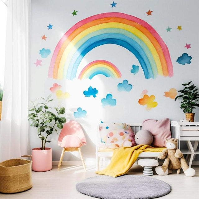 Colorful whimsical rainbow wall stickers with clouds and stars in a bright kids' room decor.