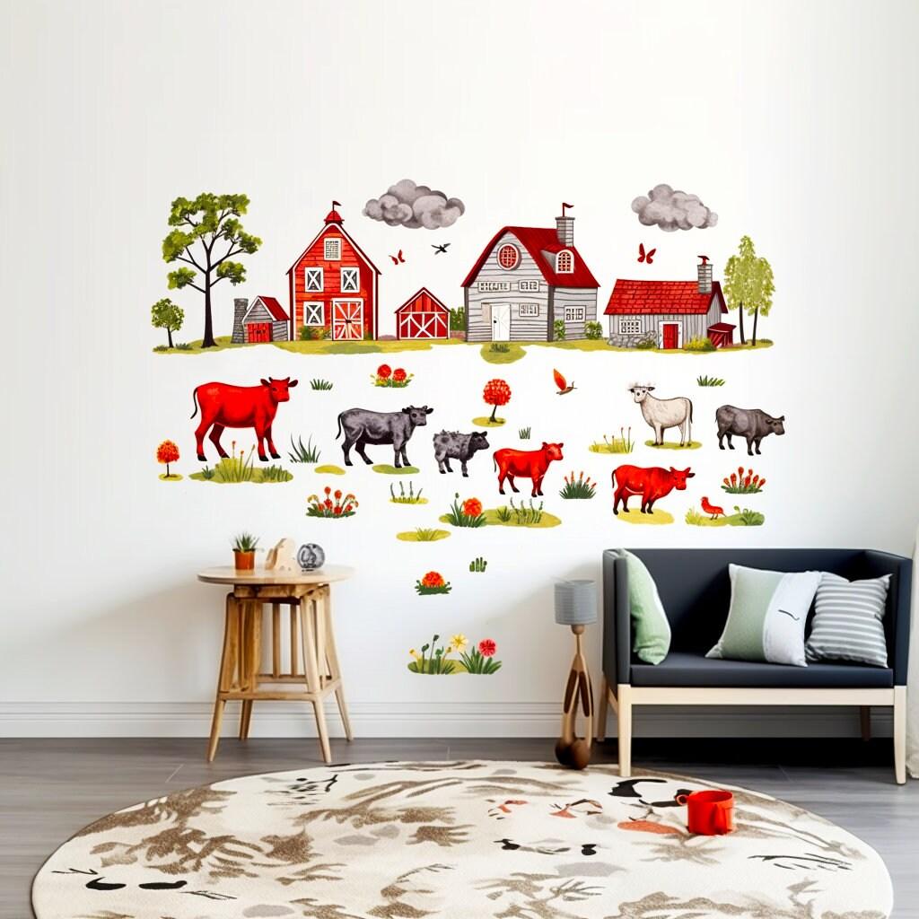Whimsical farmyard wall decals with red cows, barns, and greenery for a children's room decoration.