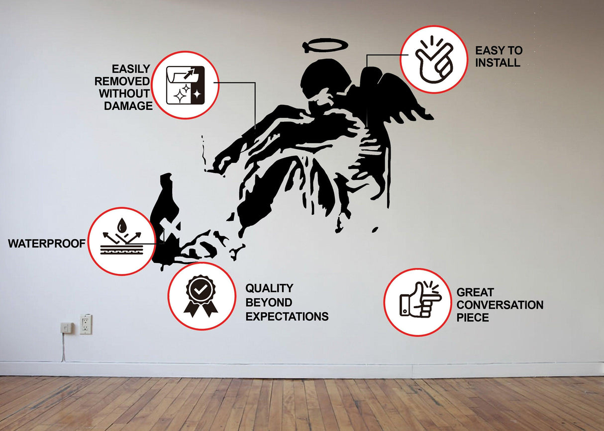 Banksy Fallen Angel wall decal features benefits like easy installation, waterproof quality, and removable without damage.