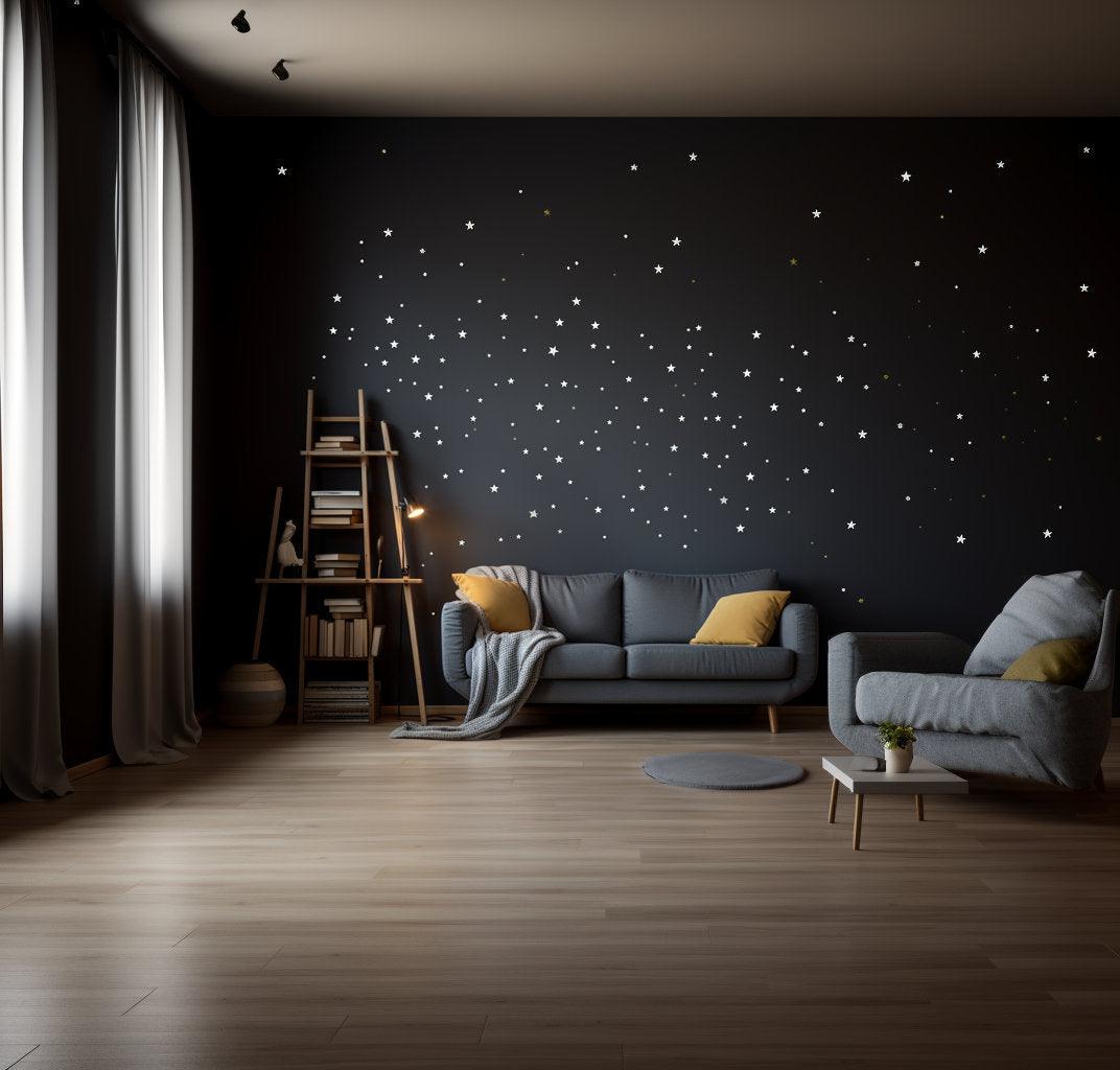 Elegant white stars wall vinyl stickers on a dark wall above a cozy sofa in a stylish living room.