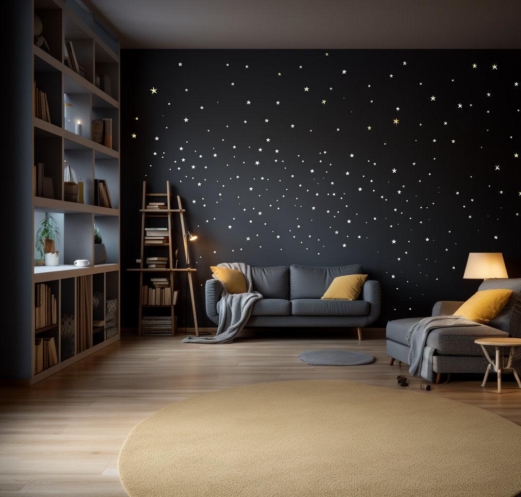 Elegant living room with white stars wall vinyl stickers on a dark wall, featuring a cozy sofa and bookshelf.