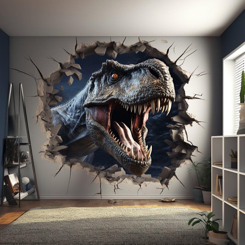 3D Dinosaurs Art Wall Sticker featuring a roaring T-Rex emerging from a broken wall, designed for dramatic room decor.