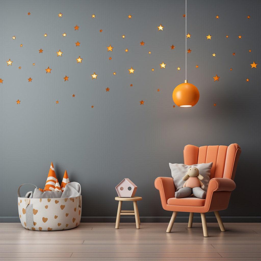Cozy children's room featuring gold star wall stickers, playful decor, and warm orange accents.