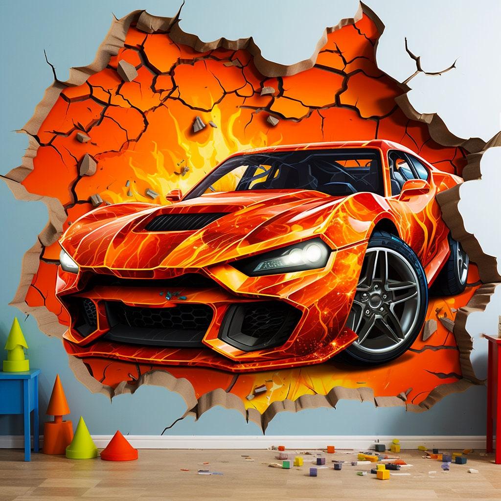 3D Fire Car Wall Sticker art depicting a sports car bursting through a wall, perfect for boys' bedrooms.