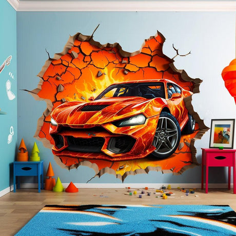 3D fire car wall sticker bursting through a cracked wall in a boys bedroom, vibrant sports car mural decor.