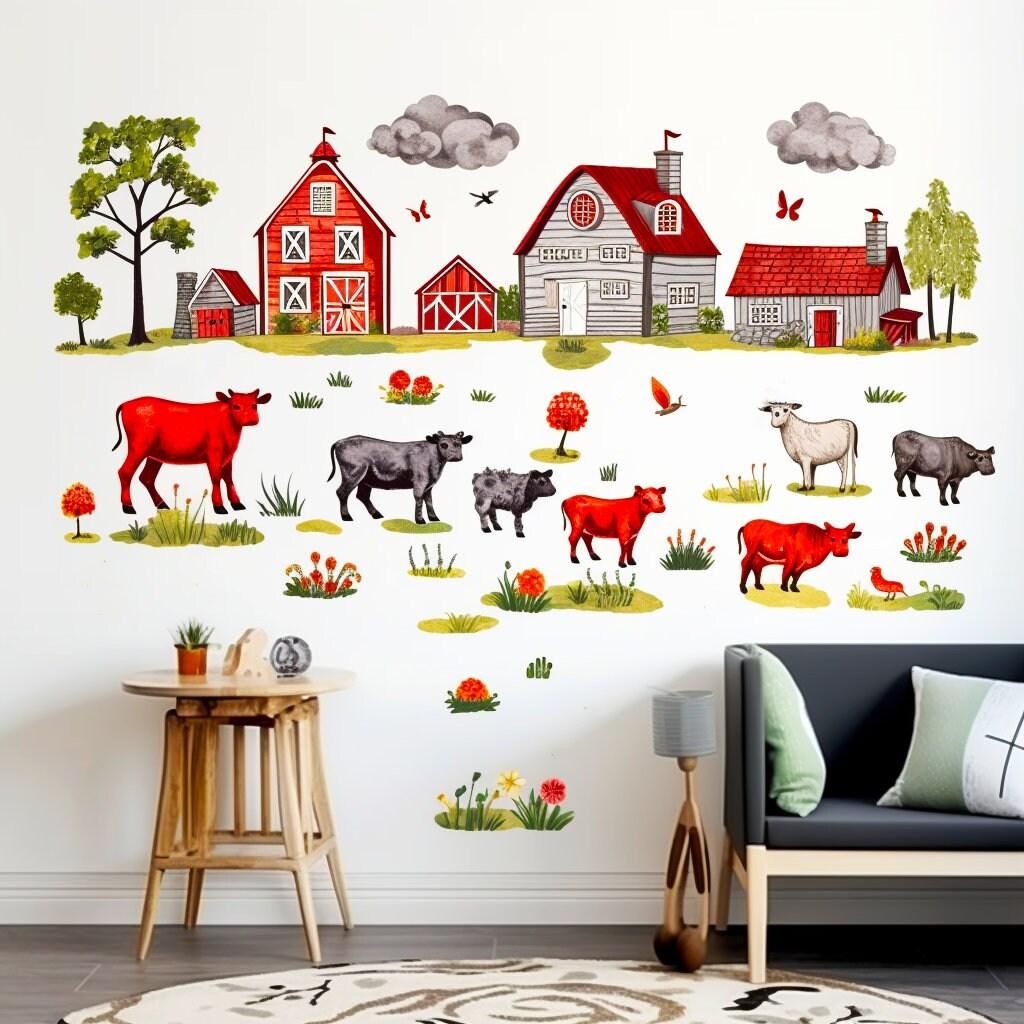 Whimsical farmyard wall decals featuring red and black cows, a barn, and countryside scenes for kids' room decor.