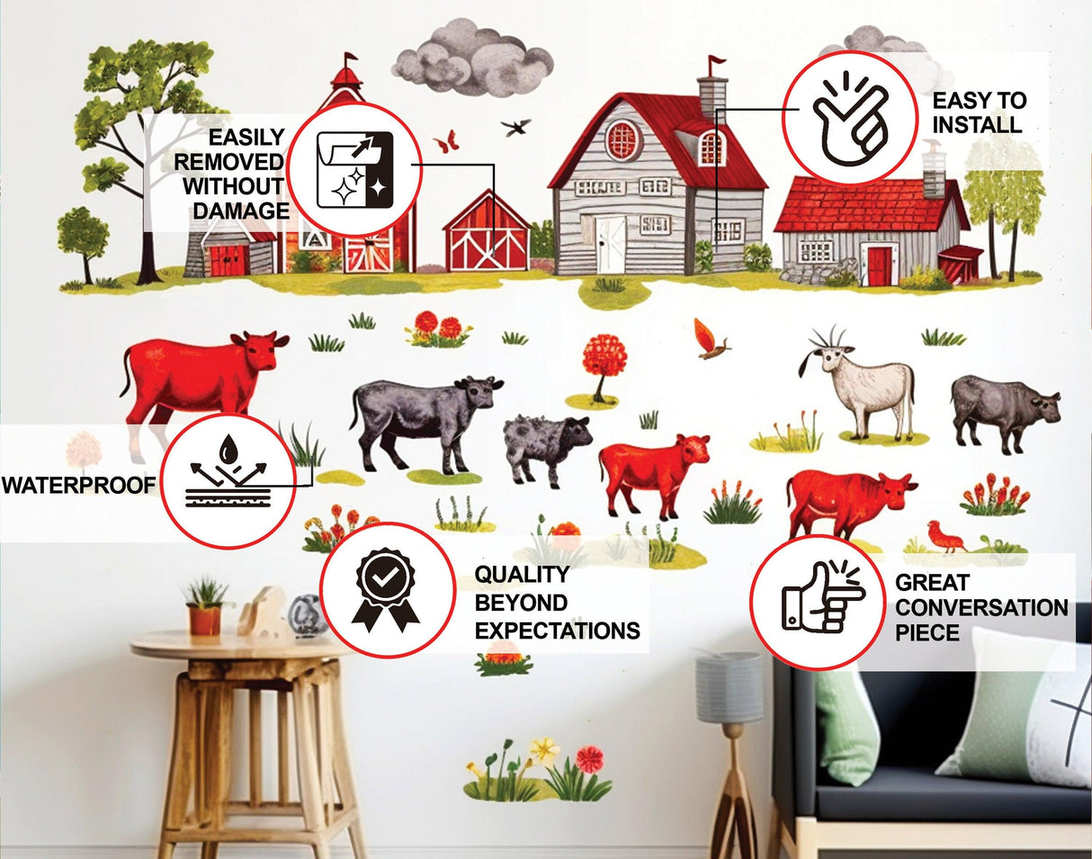 Colorful farmyard wall decals featuring cows and a barn, perfect for transforming kids' rooms with charm.