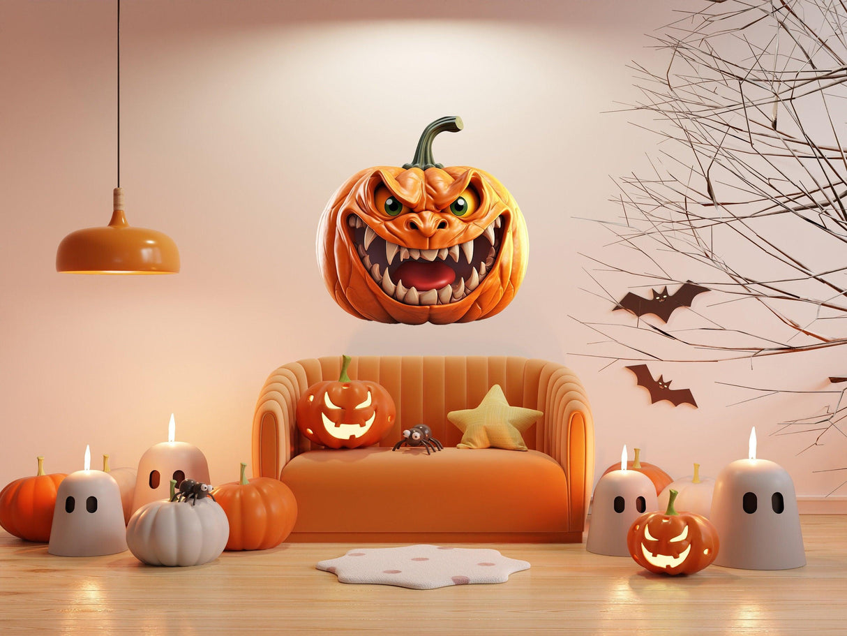 3D Halloween wall decal featuring a spooky laughing pumpkin design above a cozy orange couch with festive decorations.