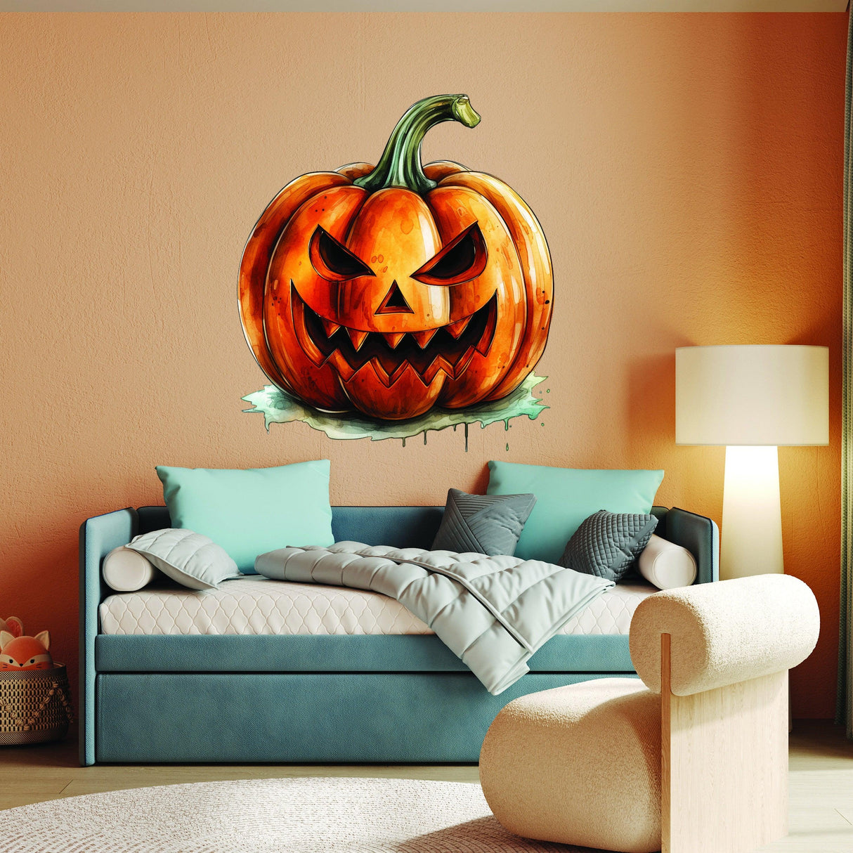 Creepy smiling jack-o-lantern wall sticker in a cozy living room, perfect for Halloween decor.