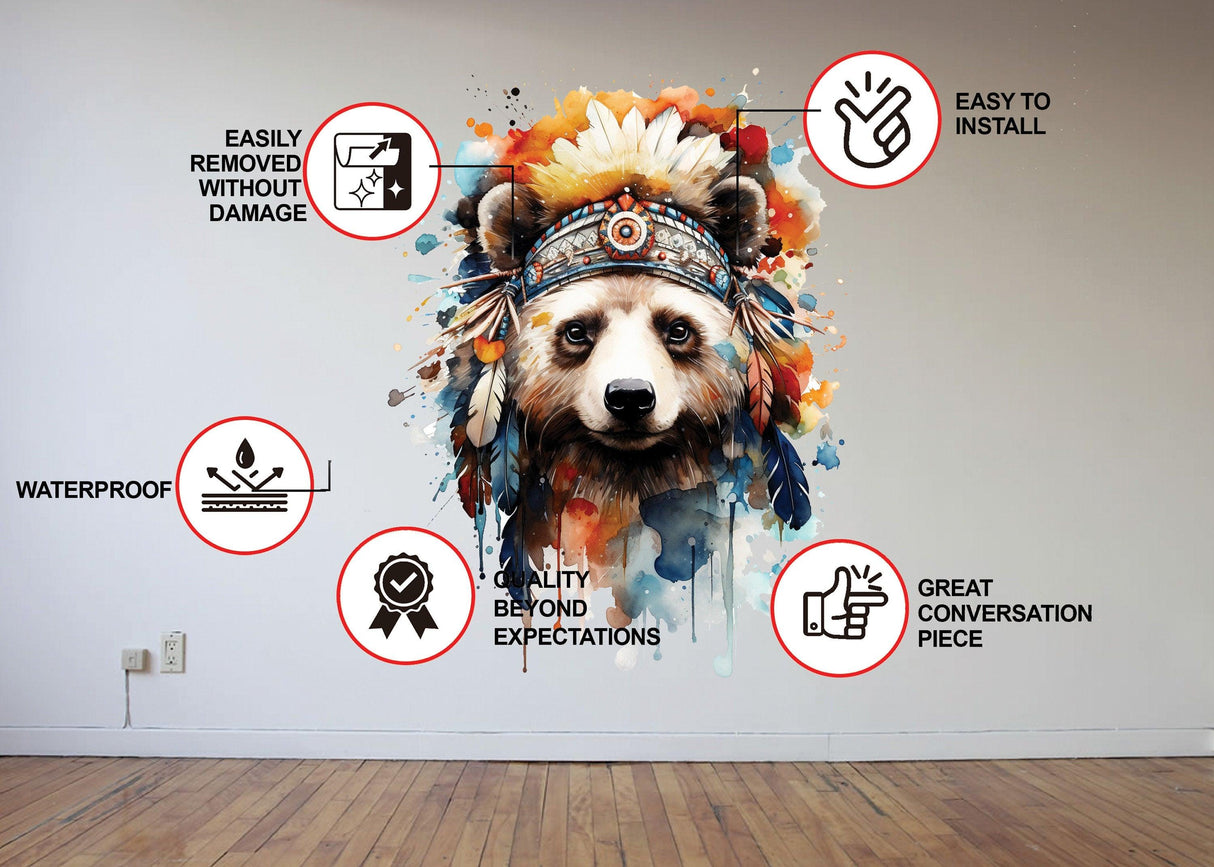 Colorful watercolor panda wall decal with Indian feather hat, perfect for kids' safari-themed room decor.