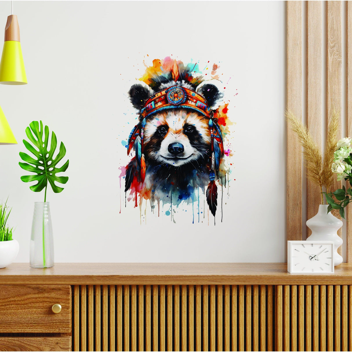 Colorful raccoon wall art featuring a tribal headdress, perfect for adding charm to any decor.