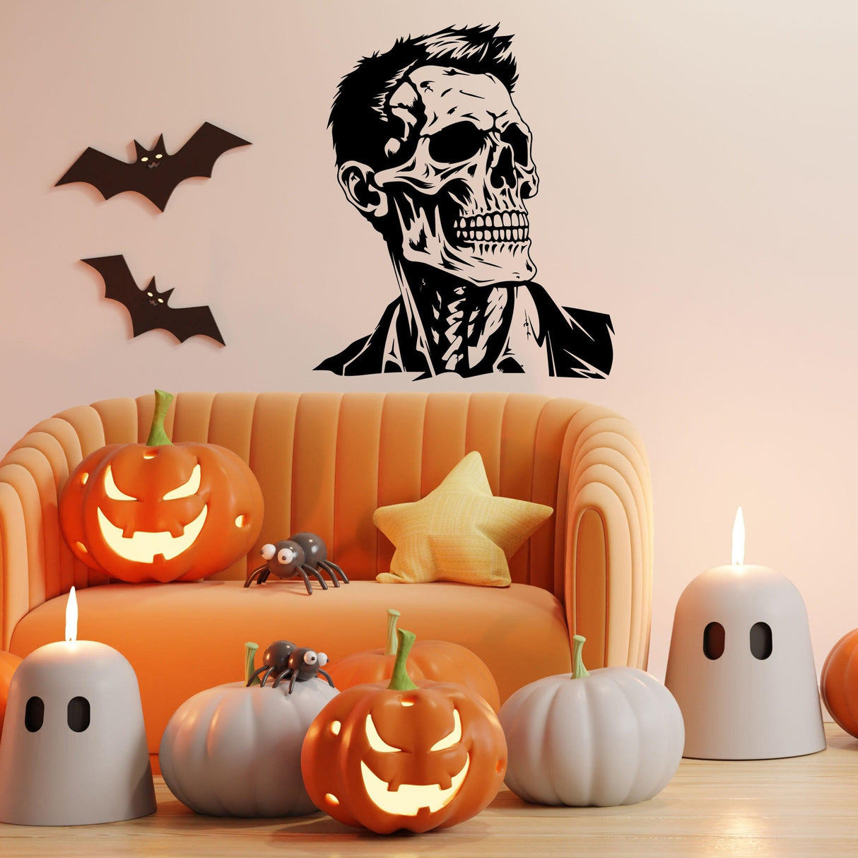 Halloween Skeleton Face Vinyl Decal of a businessman skull on a wall, surrounded by festive pumpkins and decorations.
