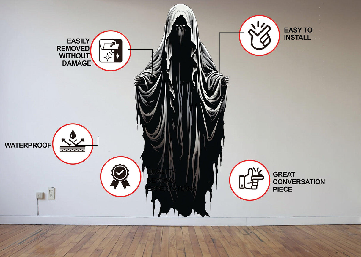 Halloween Haunting Ghoul Wall Art Decal showcasing features like easy installation and waterproof material.