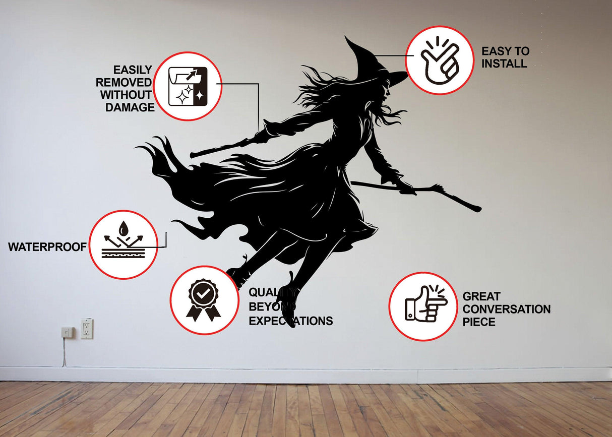 Flying witch silhouette decal on wall with installation and quality features highlighted, perfect for Halloween decor.
