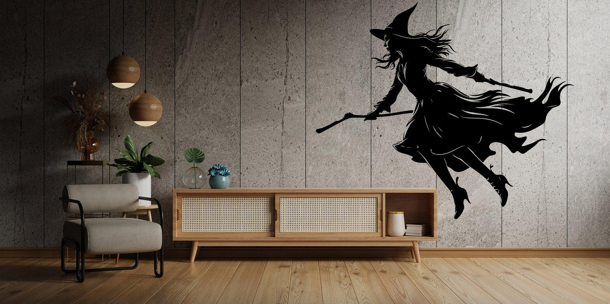 Flying witch silhouette decal on a wall, perfect Halloween decor for windows and home interiors.